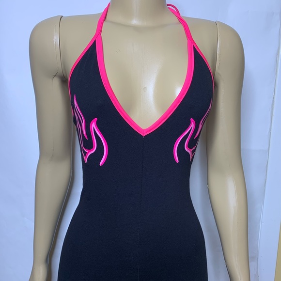 Fashion Nova Pants - Hot Pink and Black Halter Neck One Piece Jumpsuit
